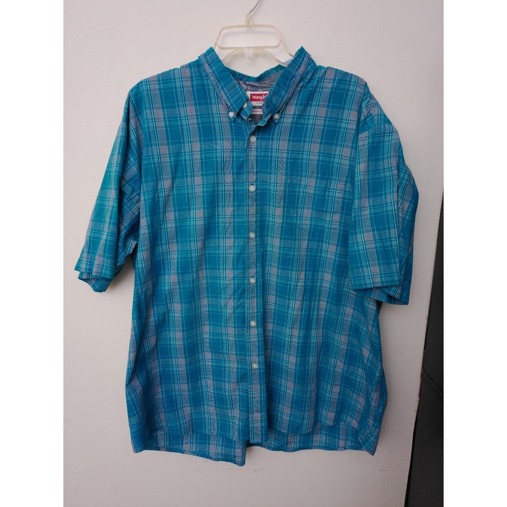 Wrangler Button Up Shirt‎ Mens Teal Plaid Short Sleeve Size 2XL Cotton Blend